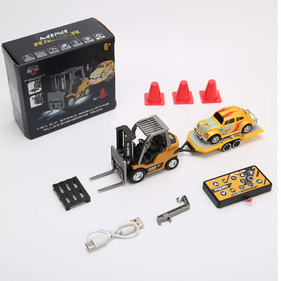 RC Forklift Remote Control Forklift with Flatbed Trailer Pullback Car 1/64 Scale 2.4G Kids Toy