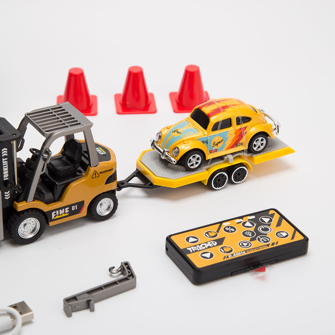 RC Forklift Remote Control Forklift with Flatbed Trailer Pullback Car 1/64 Scale 2.4G Kids Toy