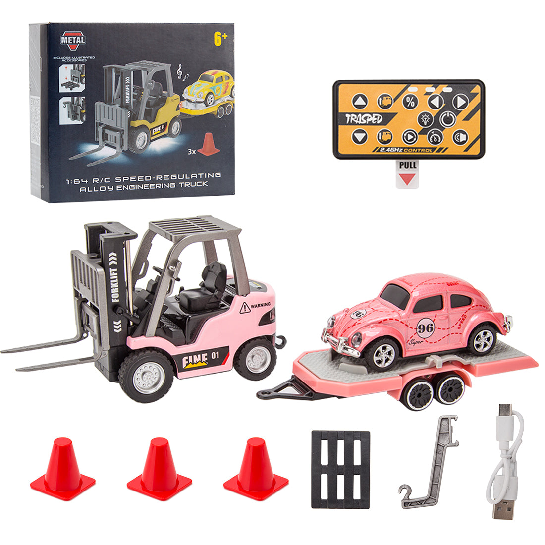 RC Forklift Remote Control Forklift with Flatbed Trailer Pullback Car 1/64 Scale 2.4G Kids Toy