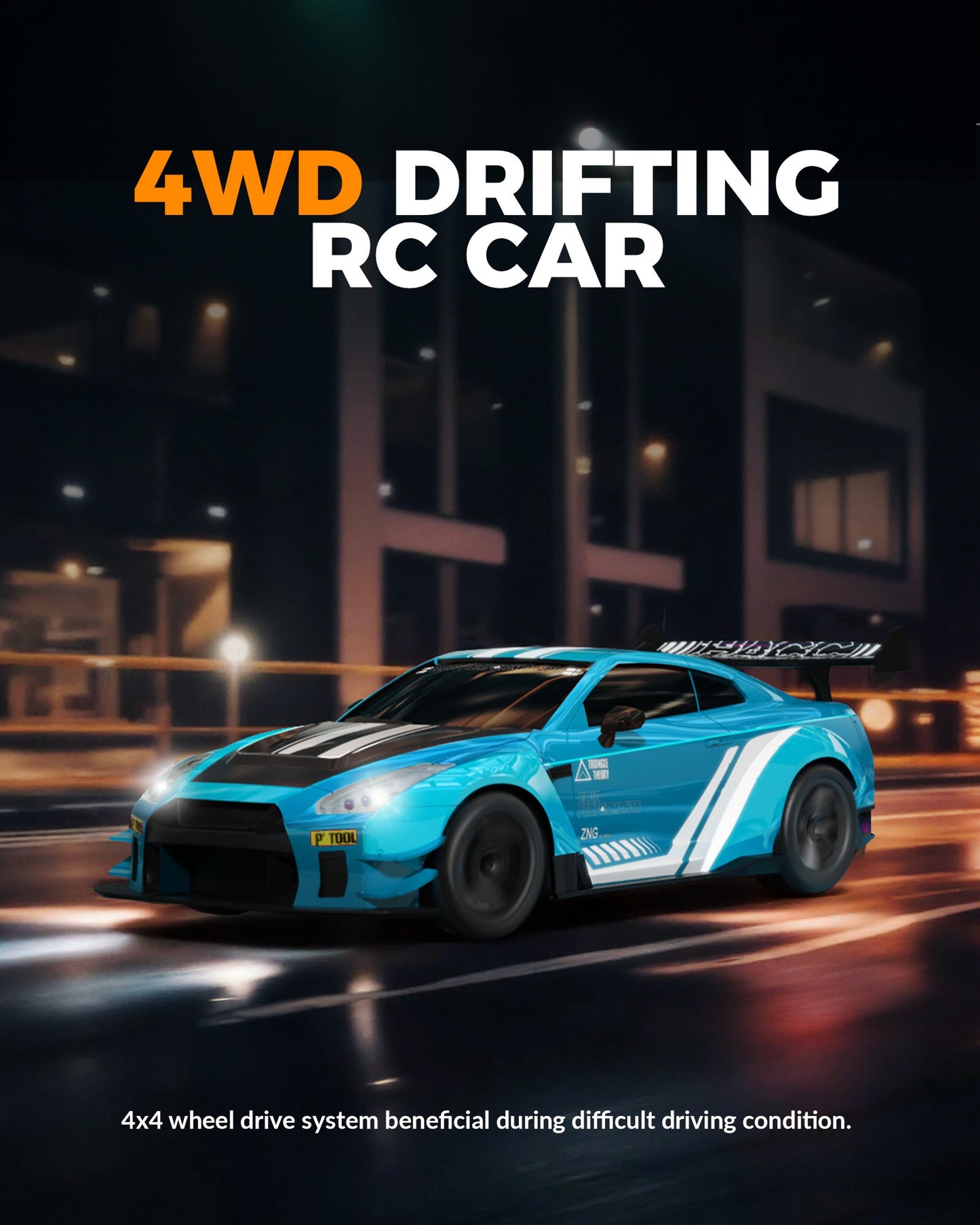 1:20 RC Drift Car 4WD, LED Light, 2 Batteries Blue
