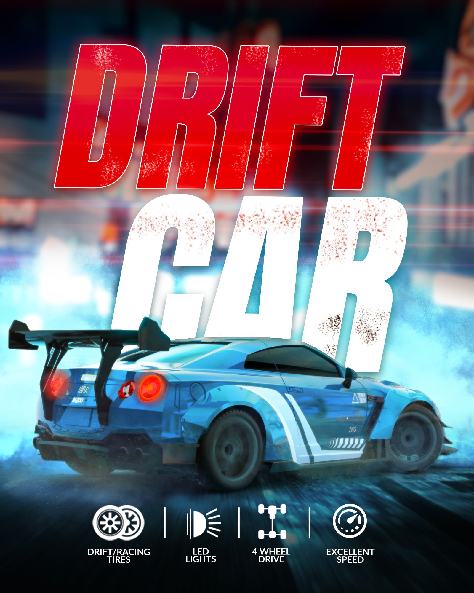 1:20 RC Drift Car 4WD, LED Light, 2 Batteries Blue