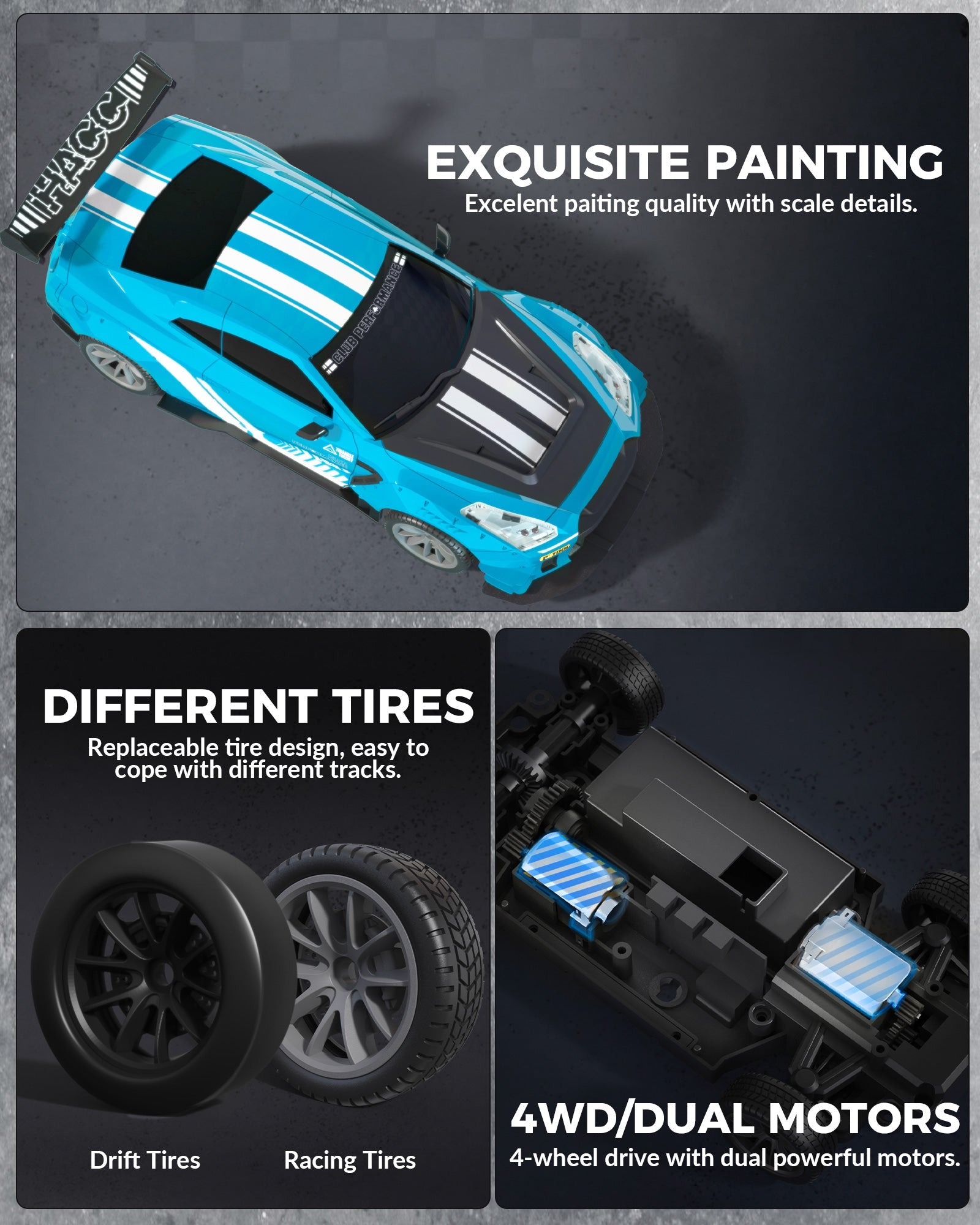 1:20 RC Drift Car 4WD, LED Light, 2 Batteries Blue
