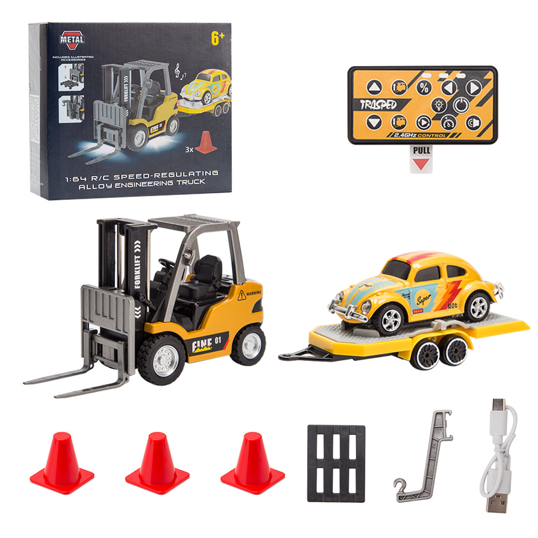 RC Forklift Remote Control Forklift with Flatbed Trailer Pullback Car 1/64 Scale 2.4G Kids Toy